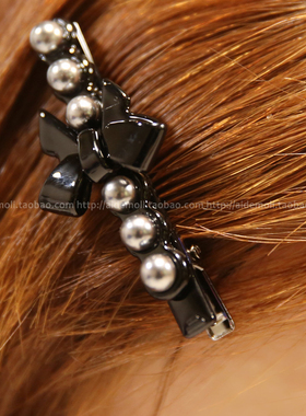 韩国进口 AZNAVOUR/AZ 蝴蝶结珍珠灰色白色发夹边夹鸭嘴夹