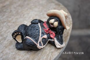 外贸出口仿木雕刻树脂美式乡村牛仔黑熊家居装饰品桌面摆件工艺品