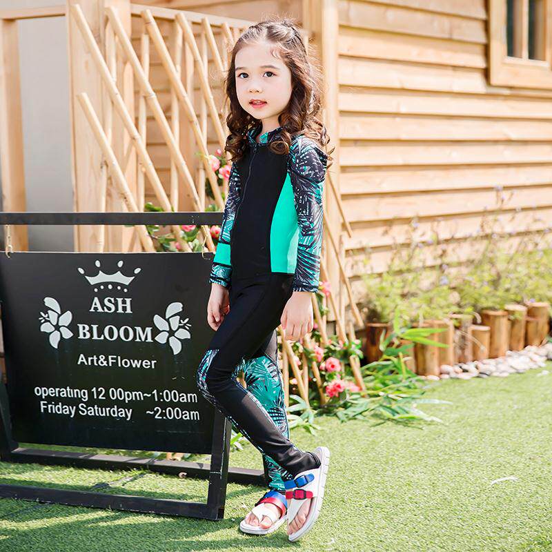 儿童连体平角防晒泳衣长袖长裤女童宝宝速干防水母中小女孩泳装夏