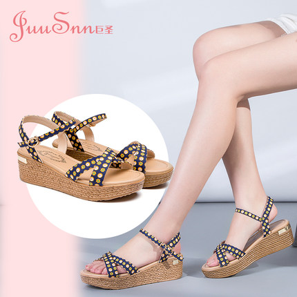 巨圣2017夏季新款时尚百搭田园风厚底松糕鞋坡跟凉鞋女夏防水台潮