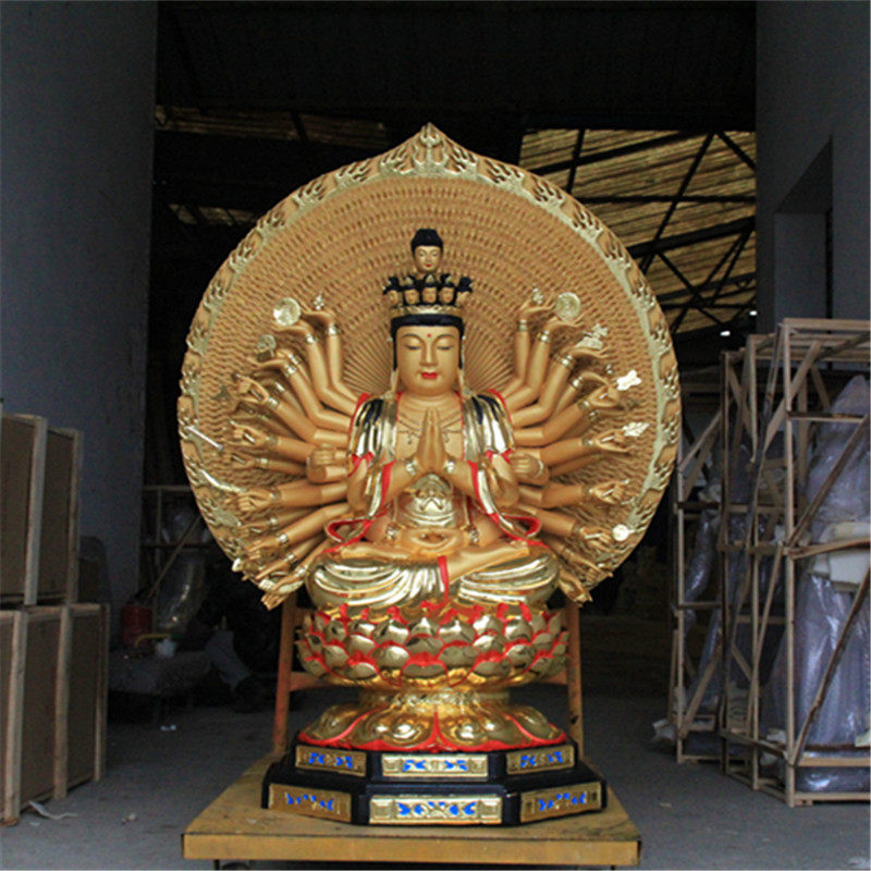 厂家低价促销 树脂佛像玻璃钢 镀金彩绘千手观音到背光1米5高