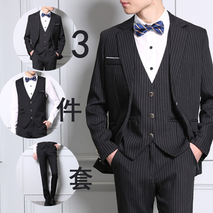 韩版潮流休闲修身时尚精致条纹西装三件套西服套装图片