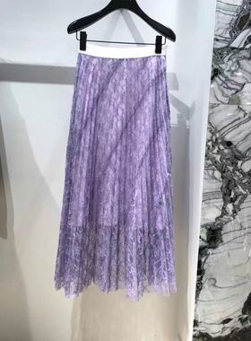 法单S家 17秋冬新款 唯美蕾丝飘逸压折半裙紫色蕾丝裙 7437清货