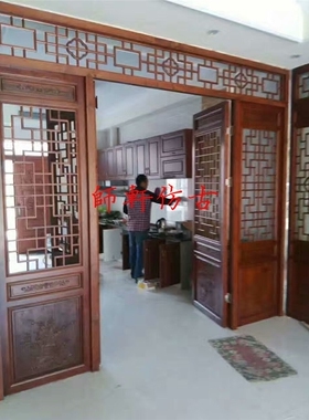 东阳木雕背景墙玄关隔断屏风仿古实木花格仿古门窗中式古建定制