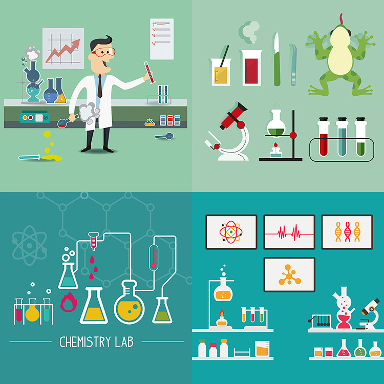 扁平化化学实验 4款实验室器材场景插画 ai格式矢量设计素材