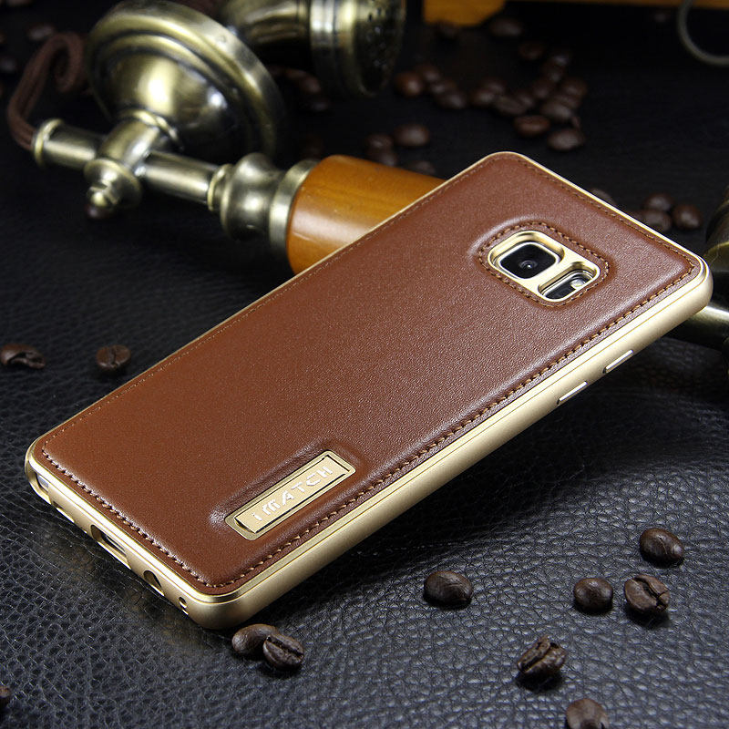 iMatch Luxury Aluminum Metal Bumper Premium Genuine Leather Back Cover Case for Samsung Galaxy Note 7 N9300