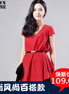 红色V领中长款女子雪纺衫短袖连衣裙t-shirt裙大下摆上衣夏装女装