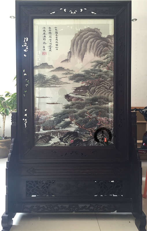 刺绣苏绣玄关屏风落地地屏鸡翅木