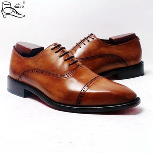 手工皮底男士 其艾 三接头款 牛津鞋 定制 胶粘工艺擦色渐变皮鞋