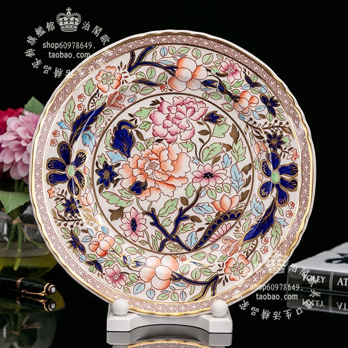 限量1000 英国 wedgwood masons 丝绒金彩美丽花卉手绘陶瓷盘挂盘