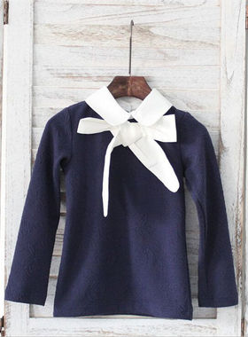 春秋款韩国宝儿童装打底衫中童女童大蝴蝶结款娃娃领T恤衫21177