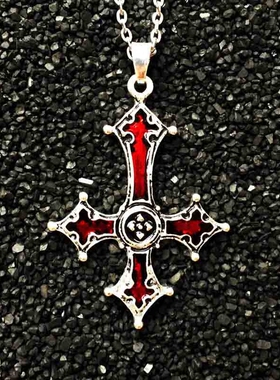 哥特血红色十字架朋克风吊坠项链