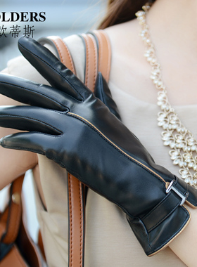 罗欧蒂斯真皮手套女式秋冬季加绒加厚保暖短款开车触屏皮手套分指