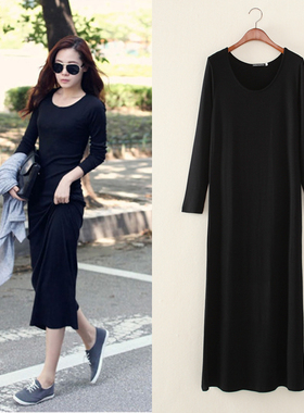 2026秋韩版长袖连衣裙大码宽松a型圆领莫代尔长裙胖MM显瘦拖地裙
