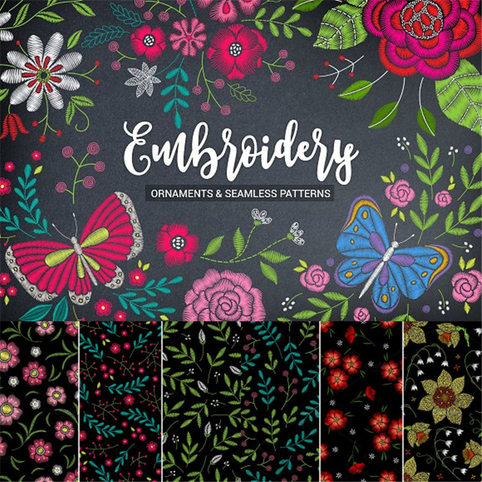 [454]民族风格花纹花鸟蝴蝶刺绣纹理四方连续图 AI矢量设计素材