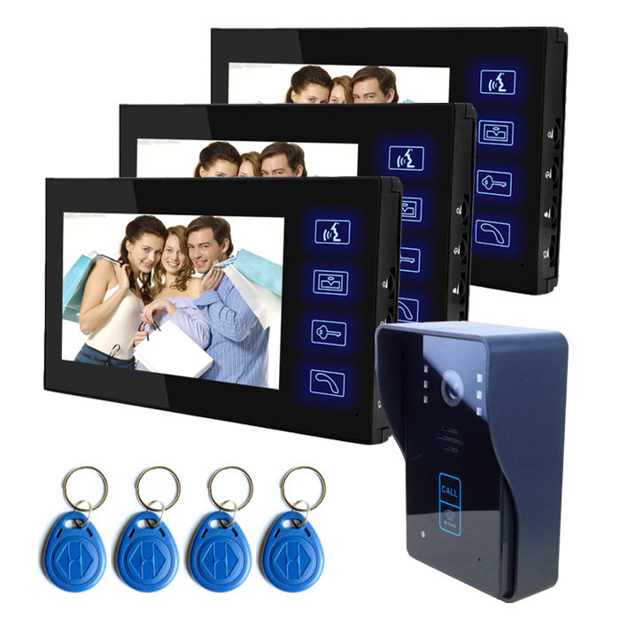 可视对讲门铃家用7寸彩色一拖三感应ID刷卡楼宇有线门禁系统开锁