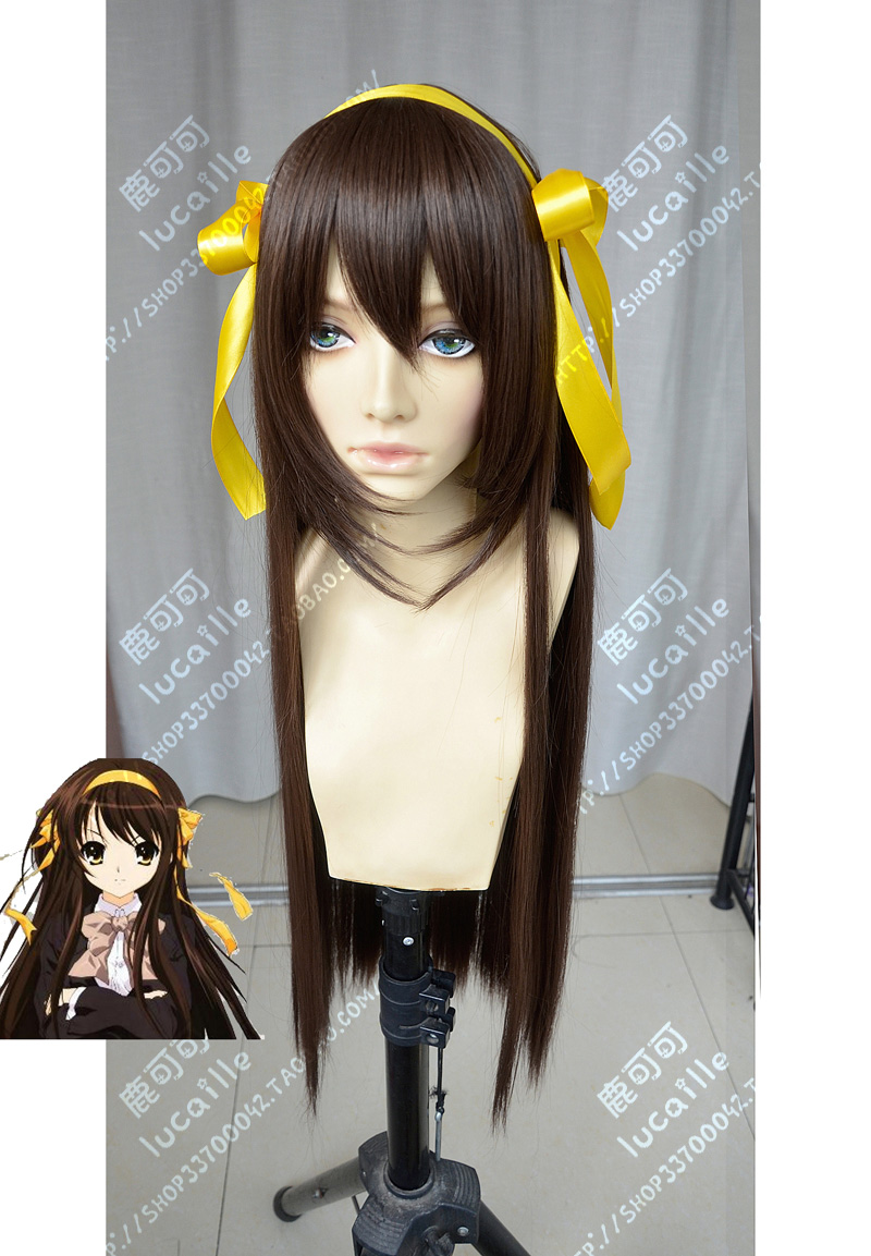 凉宫春日的忧郁咖啡棕100cm直发送丝带动漫女装cosplay假发