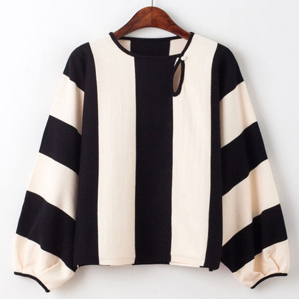 秋季新款女装条纹九分袖女短款针织蝙蝠衫毛衣韩版宽松打底衫
