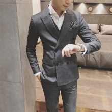 西服套装男士三件套修身竖条纹西装新郎结婚礼服秋英伦韩版主持人