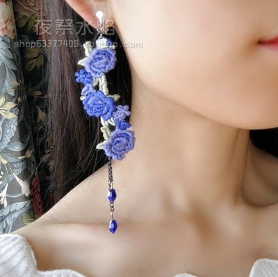 taobao agent Sophisticated long crystal with tassels, earrings, ear clips, with embroidery, flowered