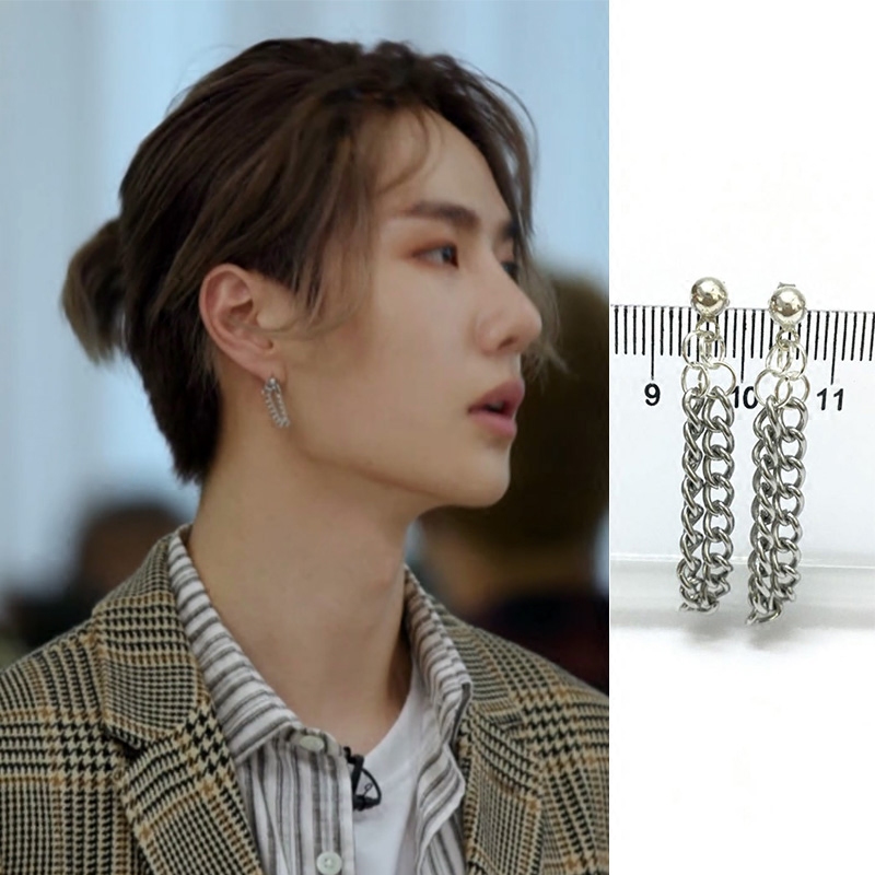 创造101王一博同款耳环 欧美简约朋克s925银耳钉链条流苏耳圈潮牌
