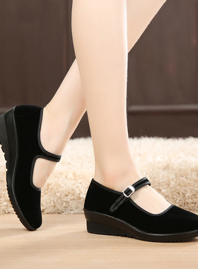 浅口老北京布鞋夏秋款黑色酒店礼仪工作广场舞蹈鞋软底坡跟女单鞋