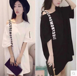 新款夏装性感个性单肩吊带连衣裙女 字母中长T恤学生姐妹闺蜜装夏