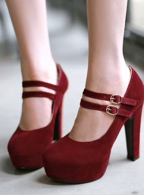 红色婚鞋超高跟防水台搭扣粗跟单鞋大码46 47 48 49 50码高跟鞋