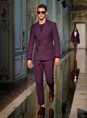 郑凯同款紫色西服套装韩版修身男士商务宴会走秀礼服定制休闲西装