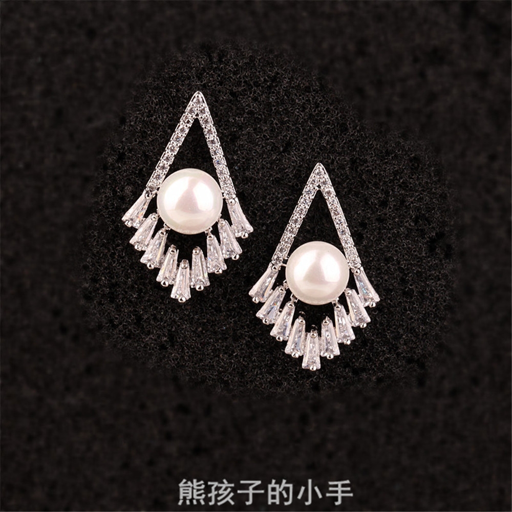 贝珠菱形女式微镶锆石立体耳钉环梯形韩版饰品