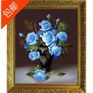 尚美绒绣毛线绣半针绣绒绣静物系列花瓶中的蓝玫瑰正品手工艺品