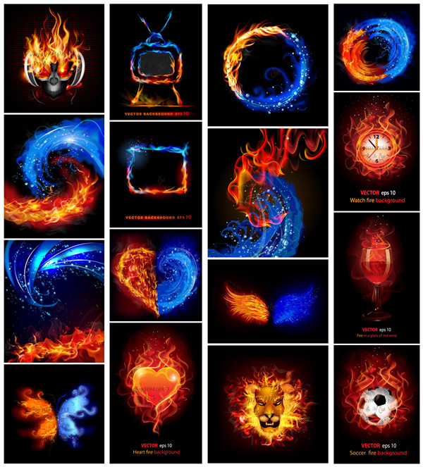 矢量设计素材 水与火抽象图案背景蝴蝶火焰翅膀爱心足球 EPS格式