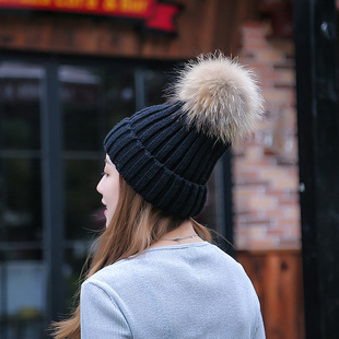 秋冬天狐狸毛卷边针织帽韩版 超大真貉子毛球毛线帽女加厚皮草帽子