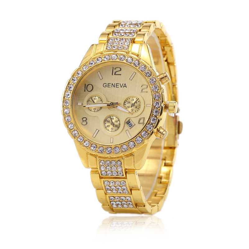 新款geneva日内瓦手表 镶钻三眼钢带日历腕表 女士手表厂家