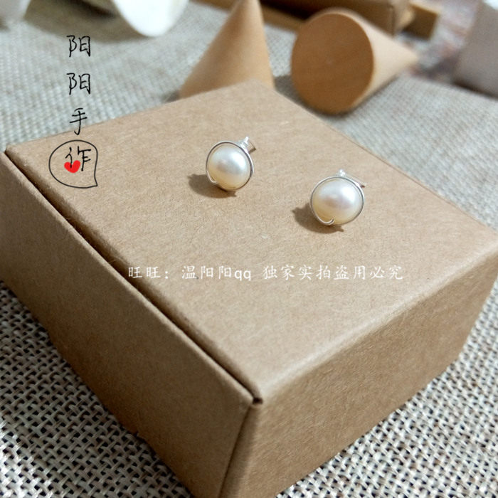 5.5-6mm天然珍珠耳钉手工绕线s999足银纯银直针耳钉养耳防过敏女