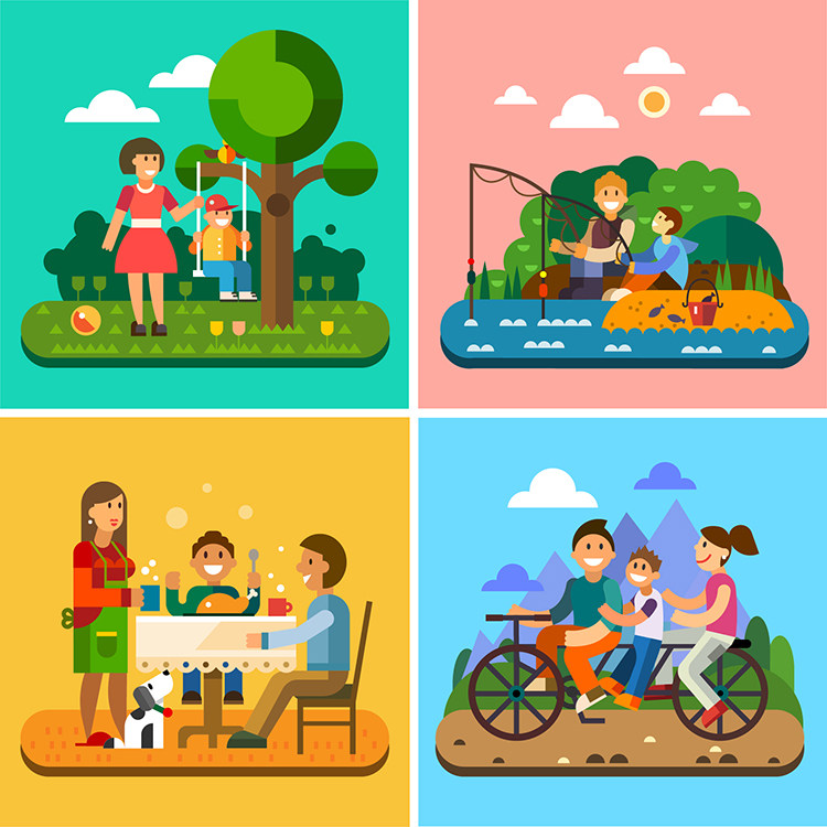 扁平化日常生活场景ai矢量素材 家庭人物生活插画素材 设计素材