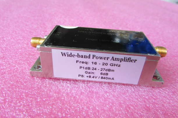 美国进口 16-20GHz 24-27dBm SMA 射频微波中功率放大器 质量包好，包能用 可提供详细测试图 工作频率：16-20GHz 增益: Typ 6dB 输出功率: 24-27dBm 工作电压：+8.4V / 电流大约：840mA 左右 功能，1：检波输出; 2：输出内置隔