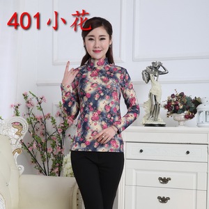 3D印花妈妈弹力棉长袖打底衫中老年女春秋装加厚半高领T恤女内衣