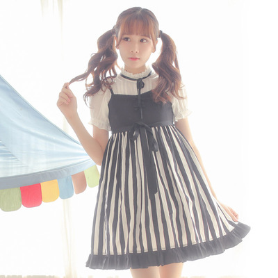 原创少女黑白条纹lolita连衣裙op