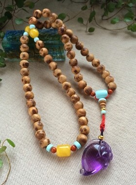 紫水晶雕刻寿桃 崖柏三圈手链   高端配置  女款 高雅的气质