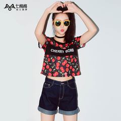 Pre-VII space space OTHERMIX2015 new summer cherries printed short midriff t-shirt woman