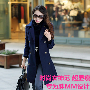 秋冬风衣加厚胖mm韩版特大码修身毛呢大衣加肥加大胖人呢子外套女
