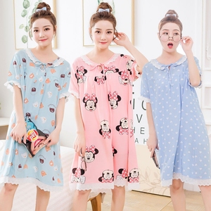 夏季韩版卡通棉绸睡裙女生甜美清新短袖睡衣大码人造棉宽松家居服