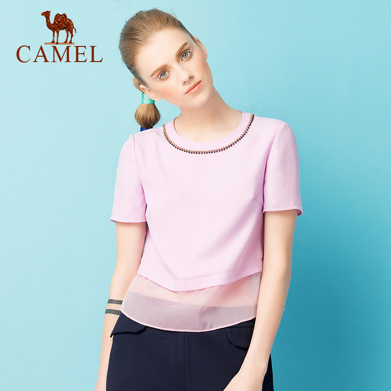 【非卖品】camel女装钉珠圆领短袖女装拼接雪纺衫女短款上衣