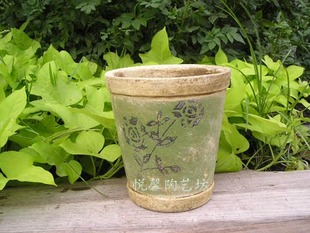 粗陶花器 花器 绿色复古陶艺花盆 陶盆 做旧 陶瓷 田园风格 花盆