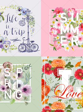 340号春夏花朵文字海报T恤服装产品外包装印花图案AI矢量设计素材