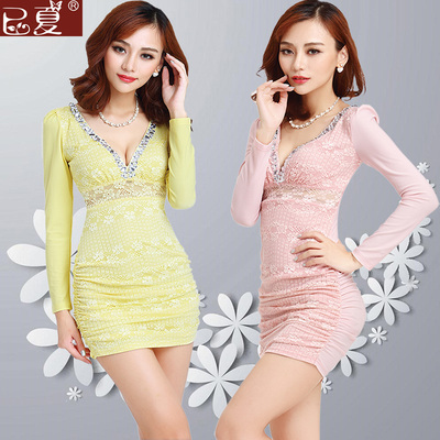 2023秋季新款蕾丝连衣裙长袖大码性感夜店低胸包臀重工水钻打底裙