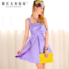 2015 summer dress big pink doll new dress purple bow draping skirt evening dress