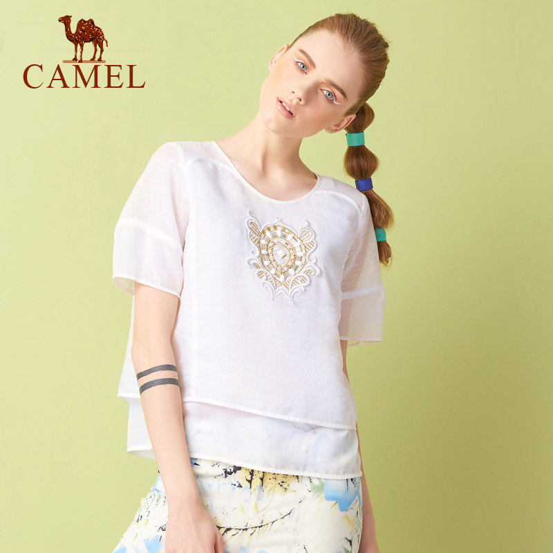 【非卖品】Camel/骆驼女装短袖夏 刺绣钉珠上衣钉珠百搭雪纺衫