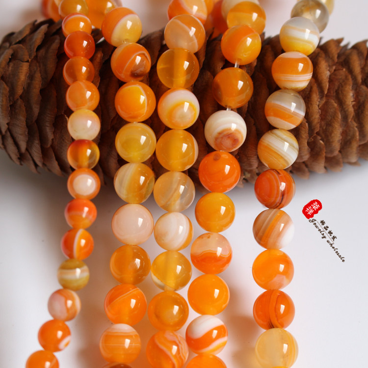 天然橘色条纹玛瑙散珠 桔色条纹玛diy隔珠圆珠串珠6-14mm半成品